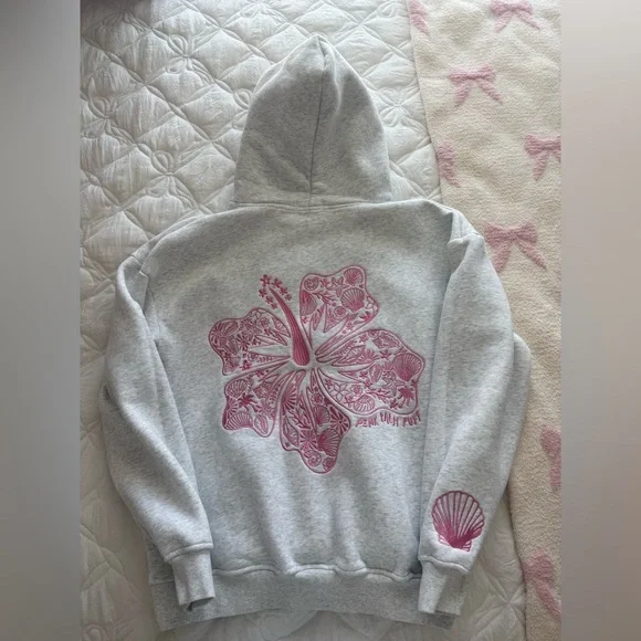 grey and pink palm puff hibiscus hoodie - Picture 7 of 7